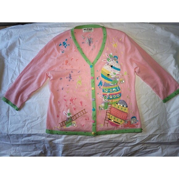 Easter Sweater L Jack B Quick Bunny Rabbit Cotton Tails Eggs Cardigan Button - Picture 1 of 9